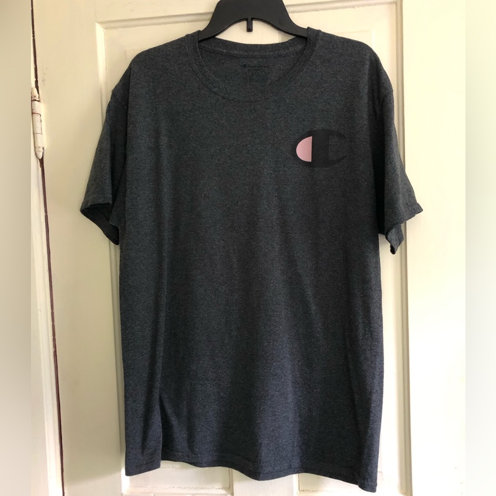 Champion Dark Gray Short-Sleeve Tee with Pink Logo Accent
